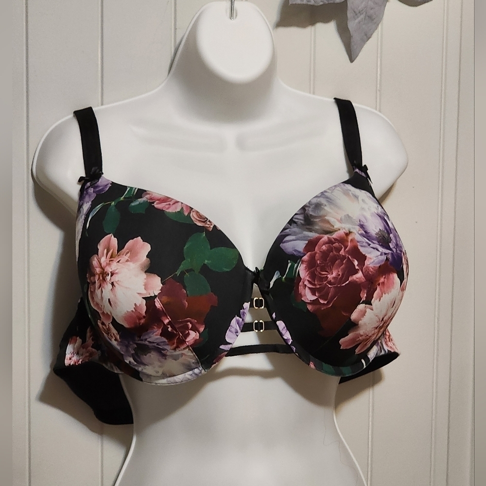 Cacique Floral Print Bra - Black and Multicolor